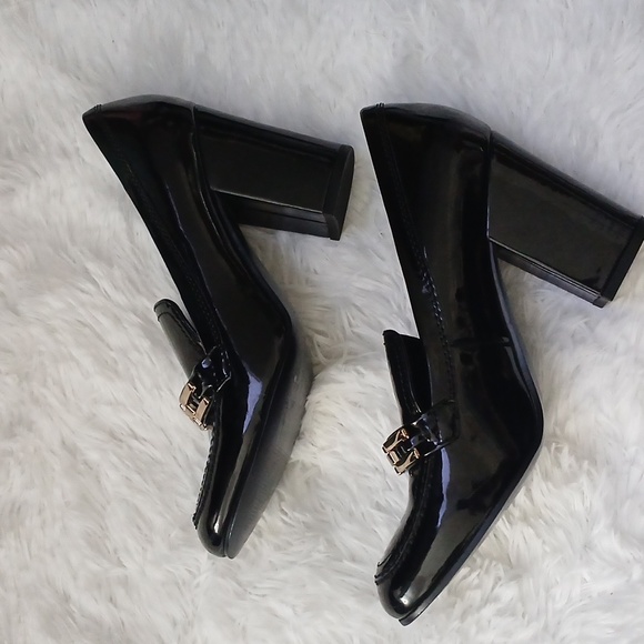 Marc Fisher Glossy Black Grannycore Chunky Heel Loafers with Chain Accent - Picture 10 of 16